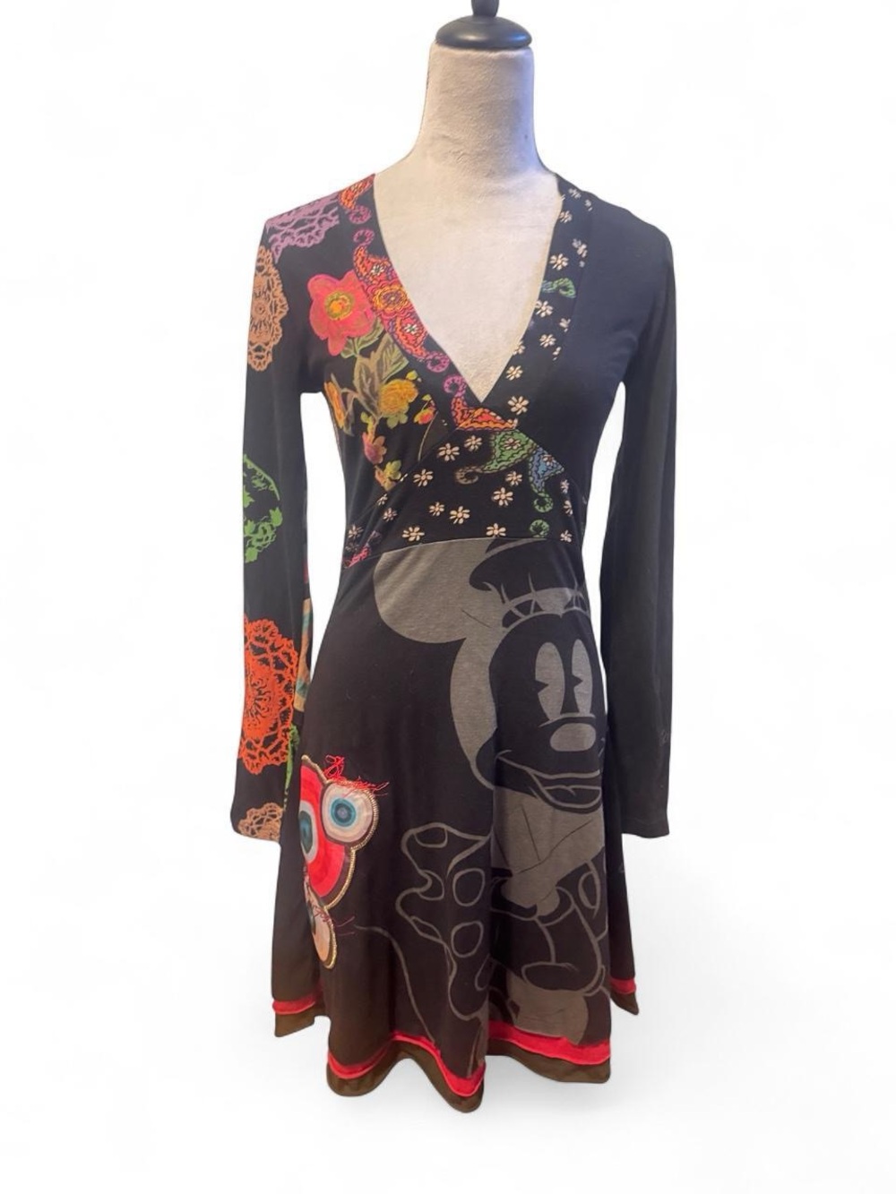 Desigual X Fisney Black Floral Mickey Mouse Wrap-Style Long Sleeve v-neck Dress